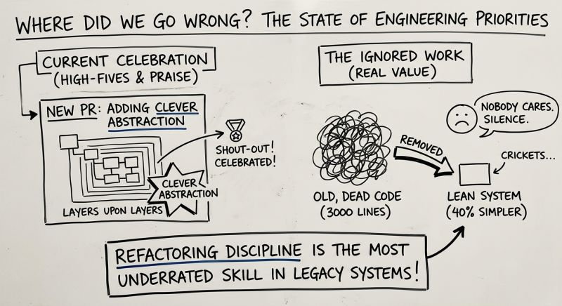 Whiteboard sketch: the state of engineering priorities. Clever abstractions get celebrated while removing dead code gets crickets, yet refactoring discipline is the most underrated skill in legacy systems
