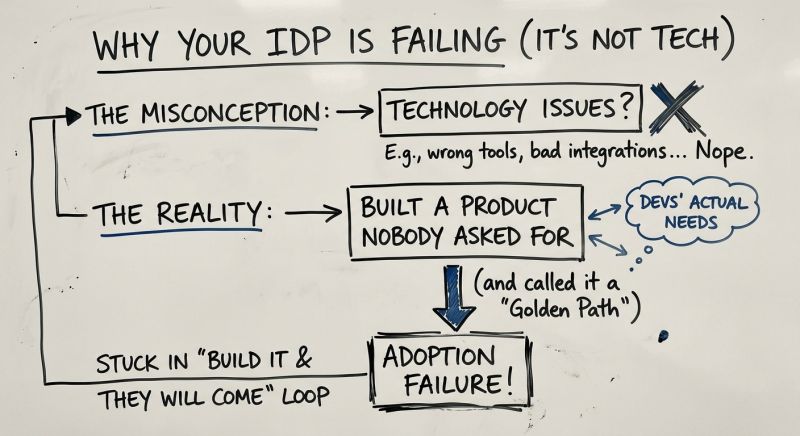 Whiteboard sketch: why your IDP is failing (it's not tech). The misconception is technology issues, the reality is a product nobody asked for, stuck in a build-it-and-they-will-come loop ending in adoption failure